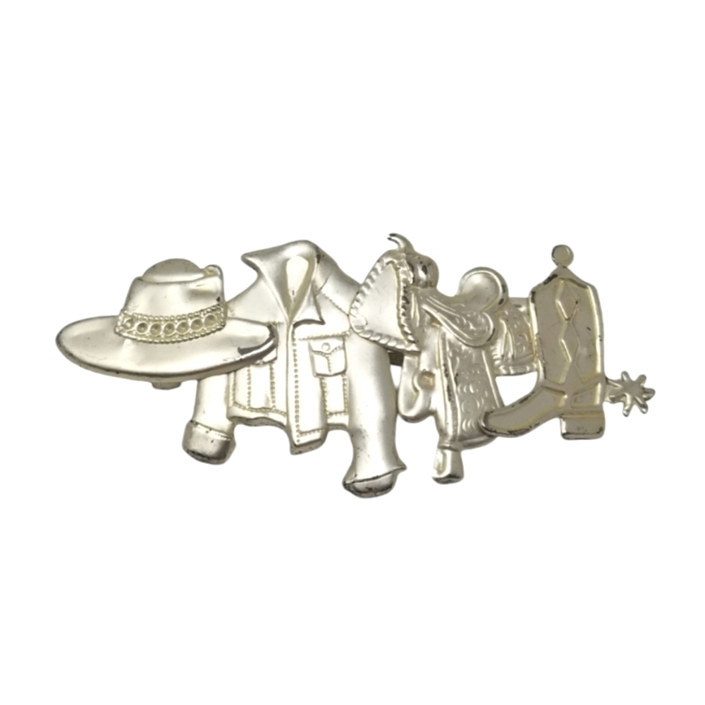 Western Hair Clip Barrette Silvertone Cowboy Hat Saddle Metal Rodeo Country Vtg